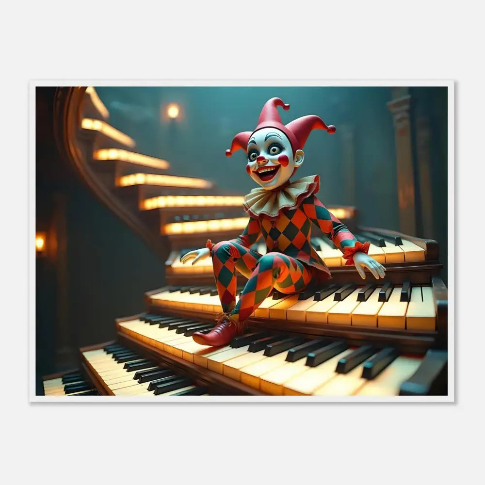 Harlequin doll sitting on piano keys in Framed Marionette Art PixiOnyx Matte Print