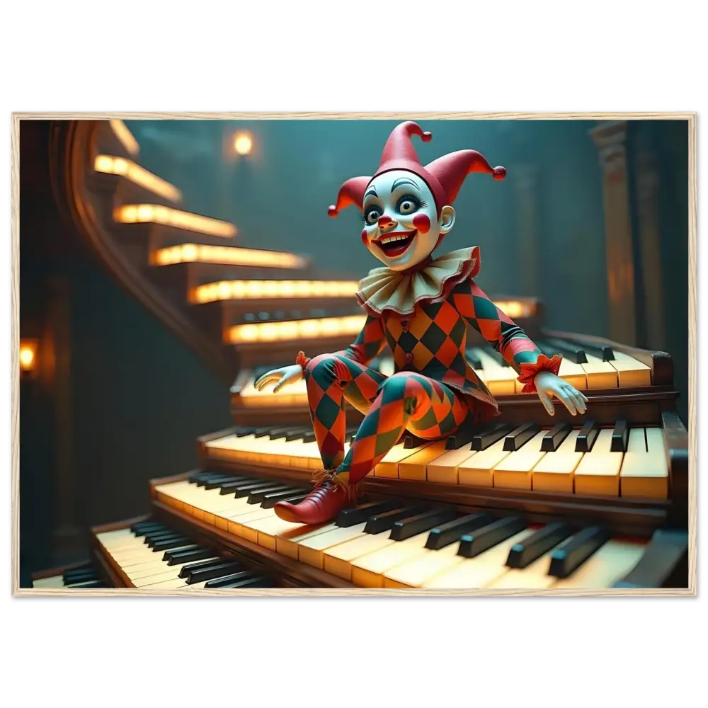 Harlequin doll on piano keys in PixiOnyx Framed Marionette Art print