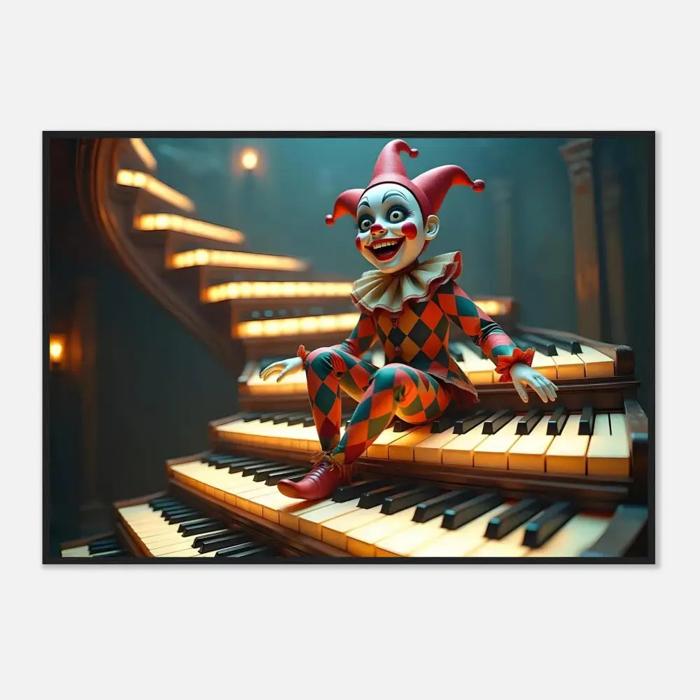 Harlequin doll sitting on piano keys in Framed Marionette Art PixiOnyx Matte Print