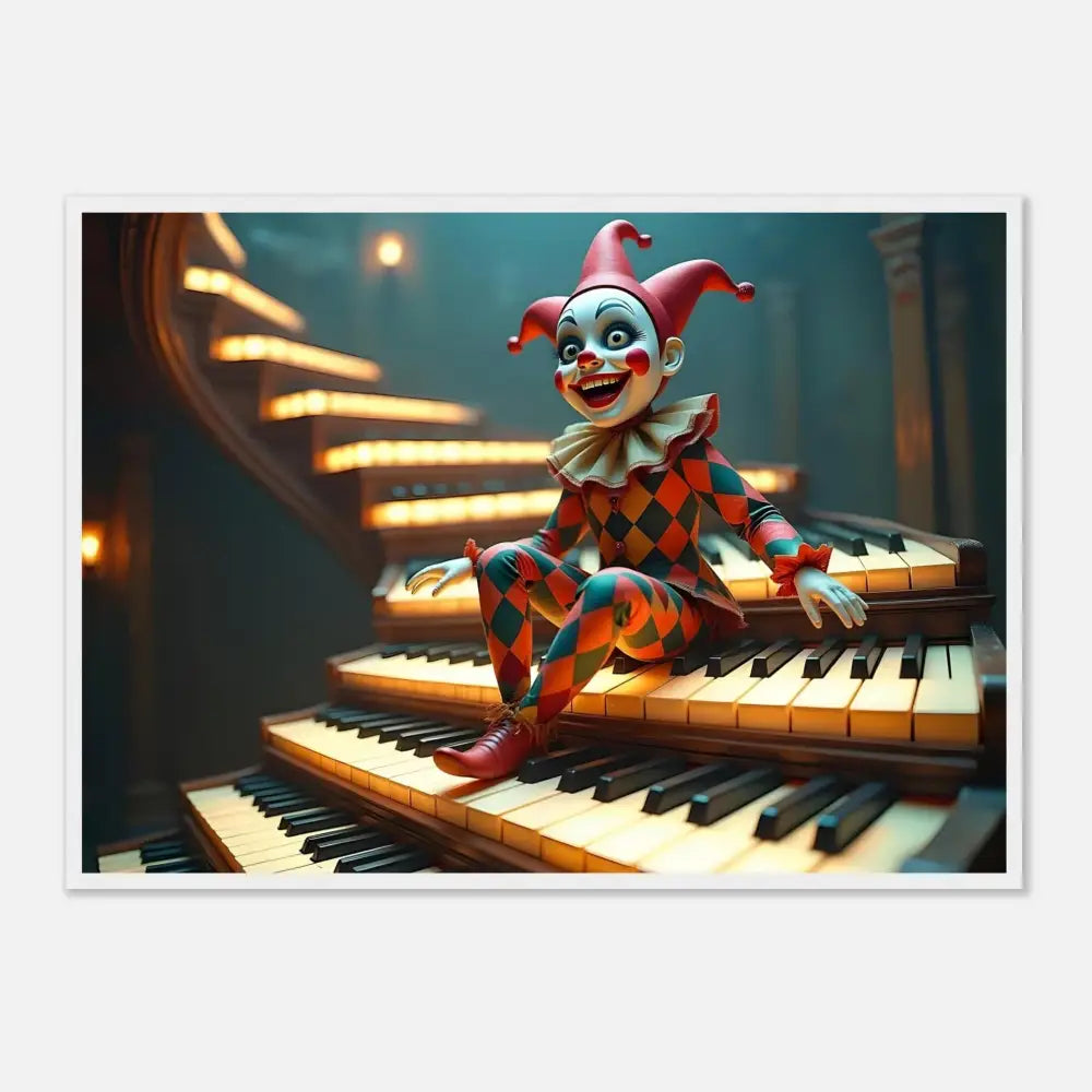 Creepy clown doll on piano stairs framed Marionette Art PixiOnyx Matte Print