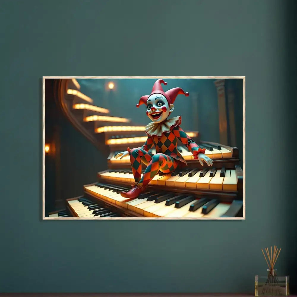 Framed clown artwork from PixiOnyx Matte Print series titled The Puppets Prelude
