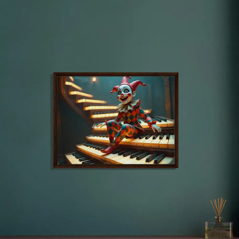 Framed clown artwork from PixiOnyx Surreal Print titled The Puppets Prelude
