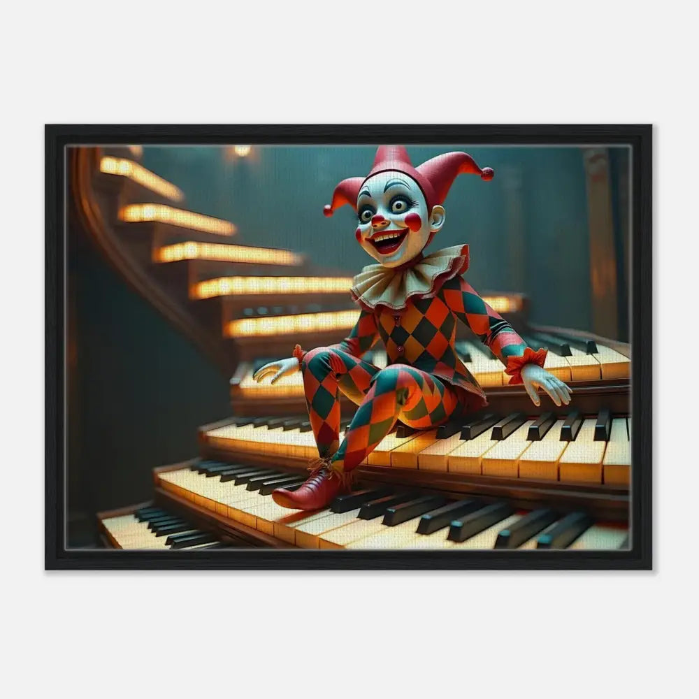 Clown doll sitting on piano keys in Framed Marionette Canvas The Puppet’s Prelude PixiOnyx