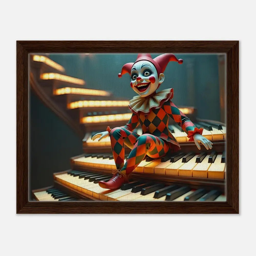 Framed Harlequin doll sitting on piano keys for PixiOnyx Surreal Print Puppets Prelude