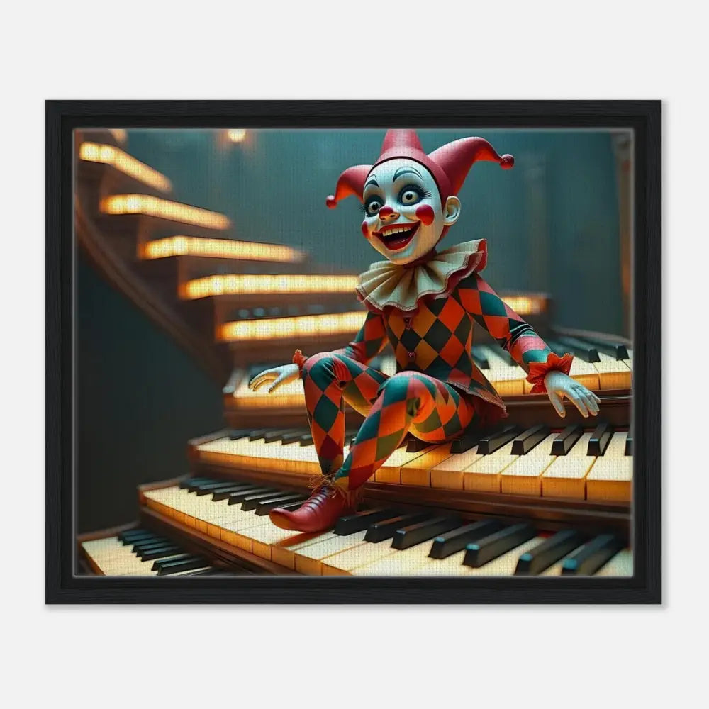 Framed harlequin doll sitting on piano keys from PixiOnyx Surreal Print The Puppets Prelude