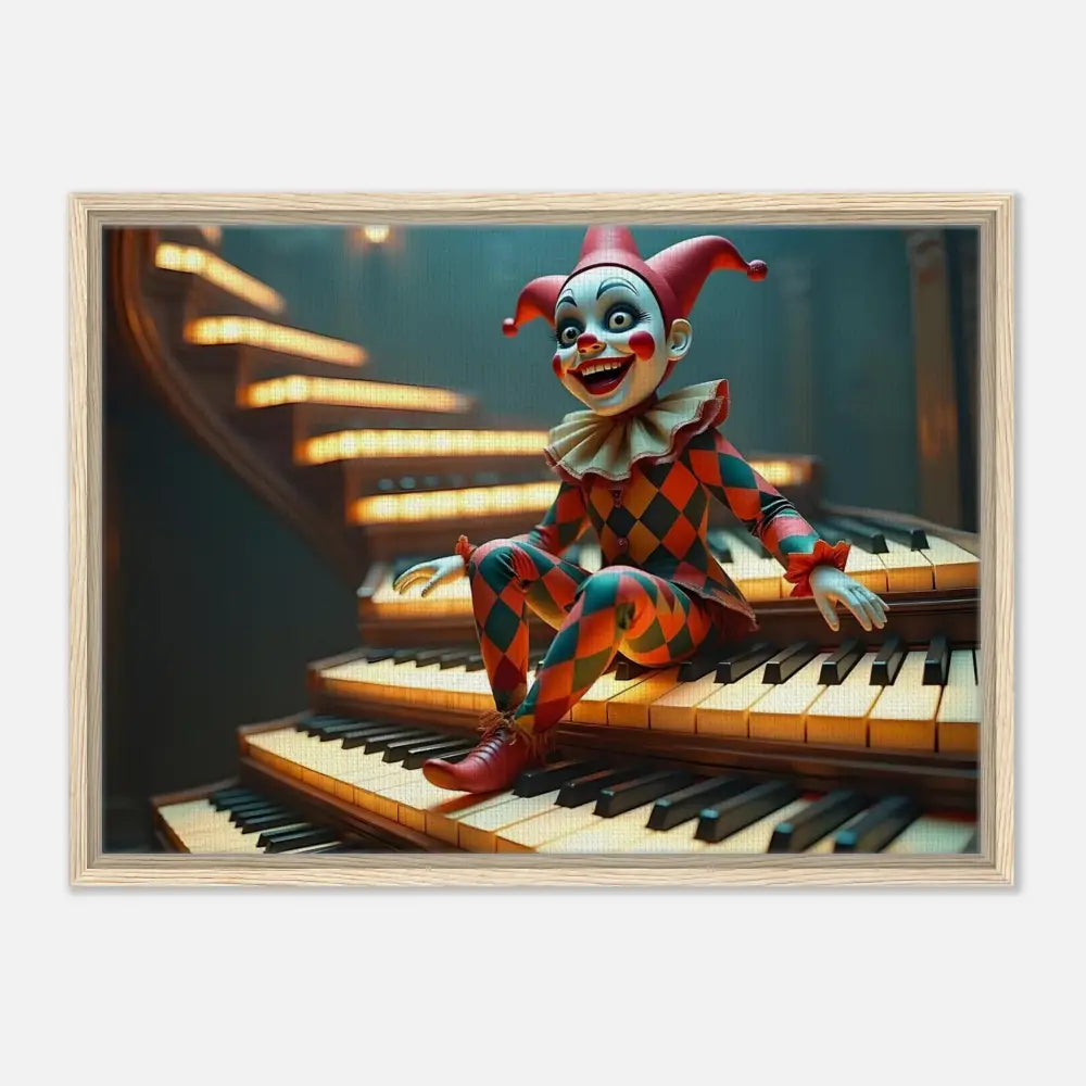 Framed clown doll on piano keys print for surreal decor in PixiOnyx Marionette Canvas