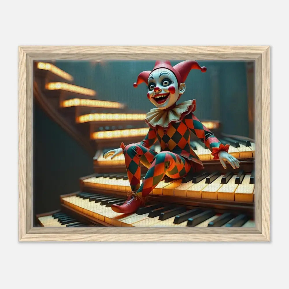 Framed Clown Doll Sitting on Piano Keys in PixiOnyx Surreal Print titled The Puppets Prelude