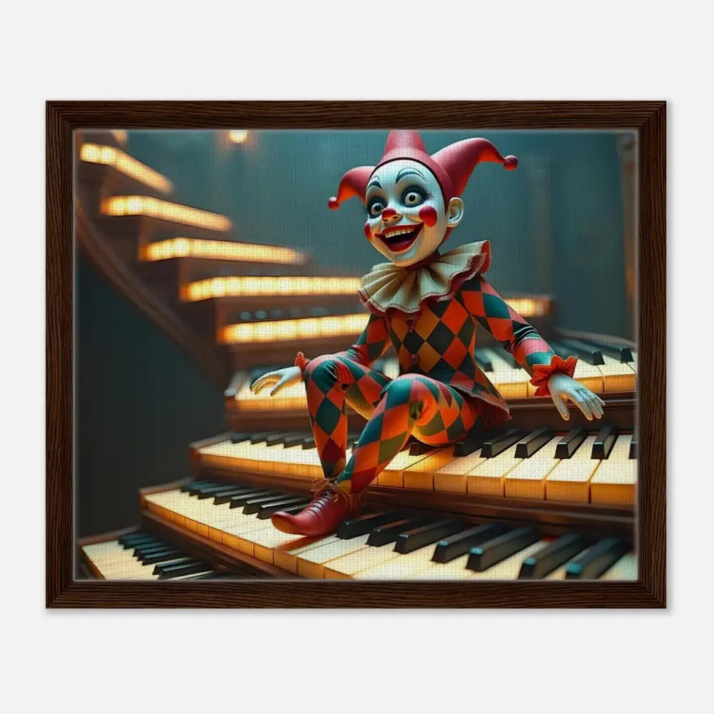 Framed harlequin clown sitting on piano keys from PixiOnyx Surreal Print Puppet’s Prelude