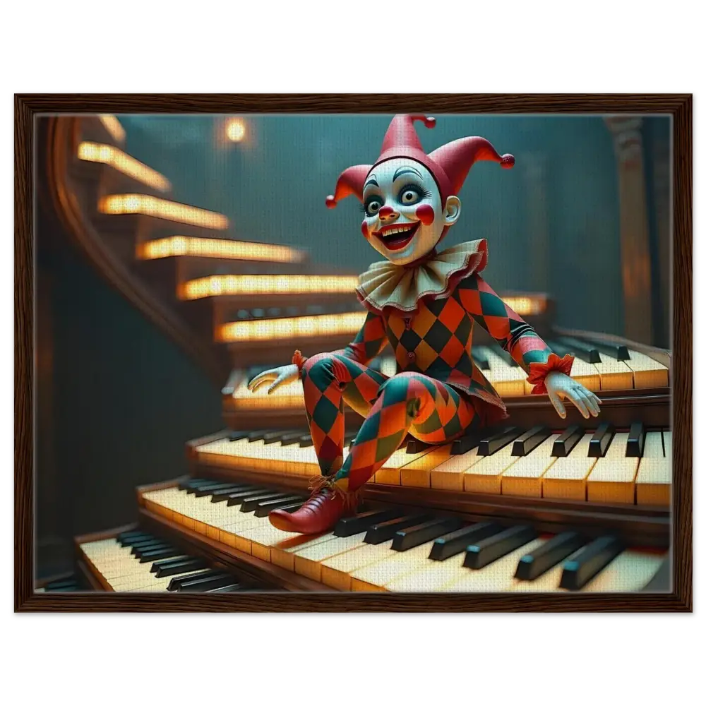 Harlequin doll sitting on piano keys in front of Framed Marionette Canvas The Puppet’s Prelude