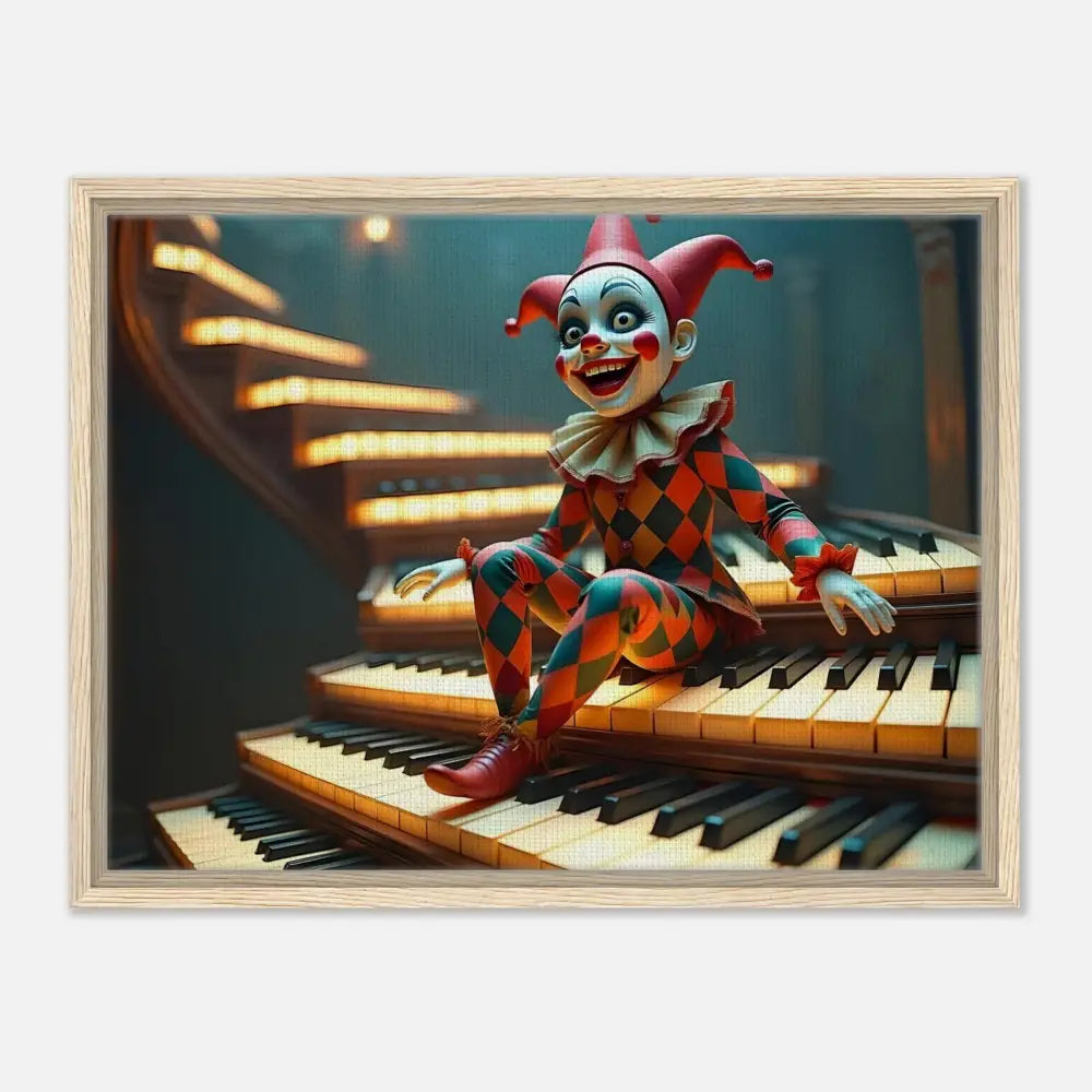 Framed clown sitting on piano keys in Surreal Print artwork for The Puppet’s Prelude