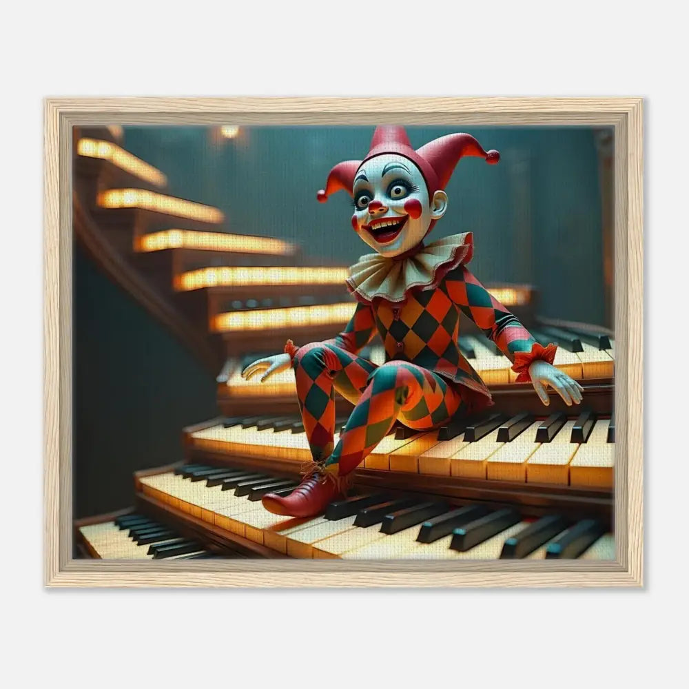 Framed clown puppet sitting on piano keys surreal art print for Marionette Canvas product