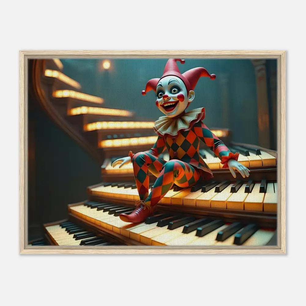 Framed clown sitting on piano keys from PixiOnyx Surreal Print The Puppets Prelude