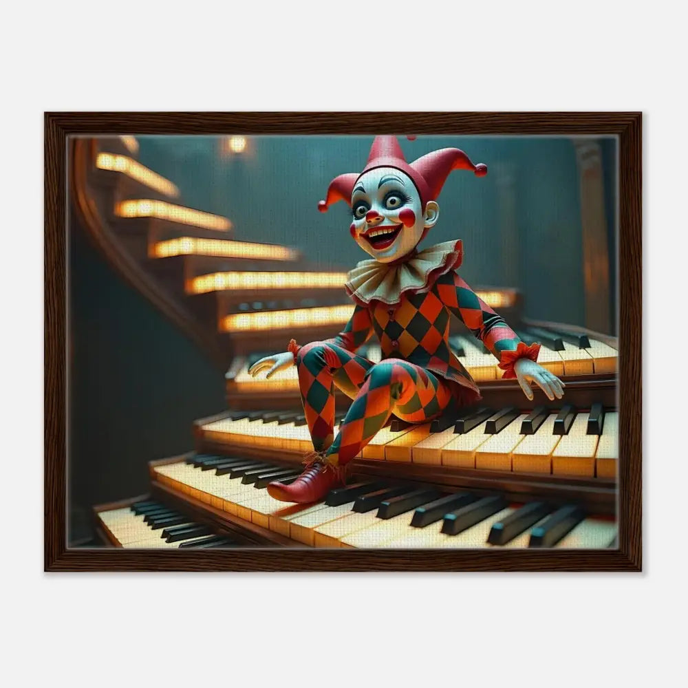 Framed clown sitting on piano keys for PixiOnyx Surreal Print Puppet’s Prelude artwork