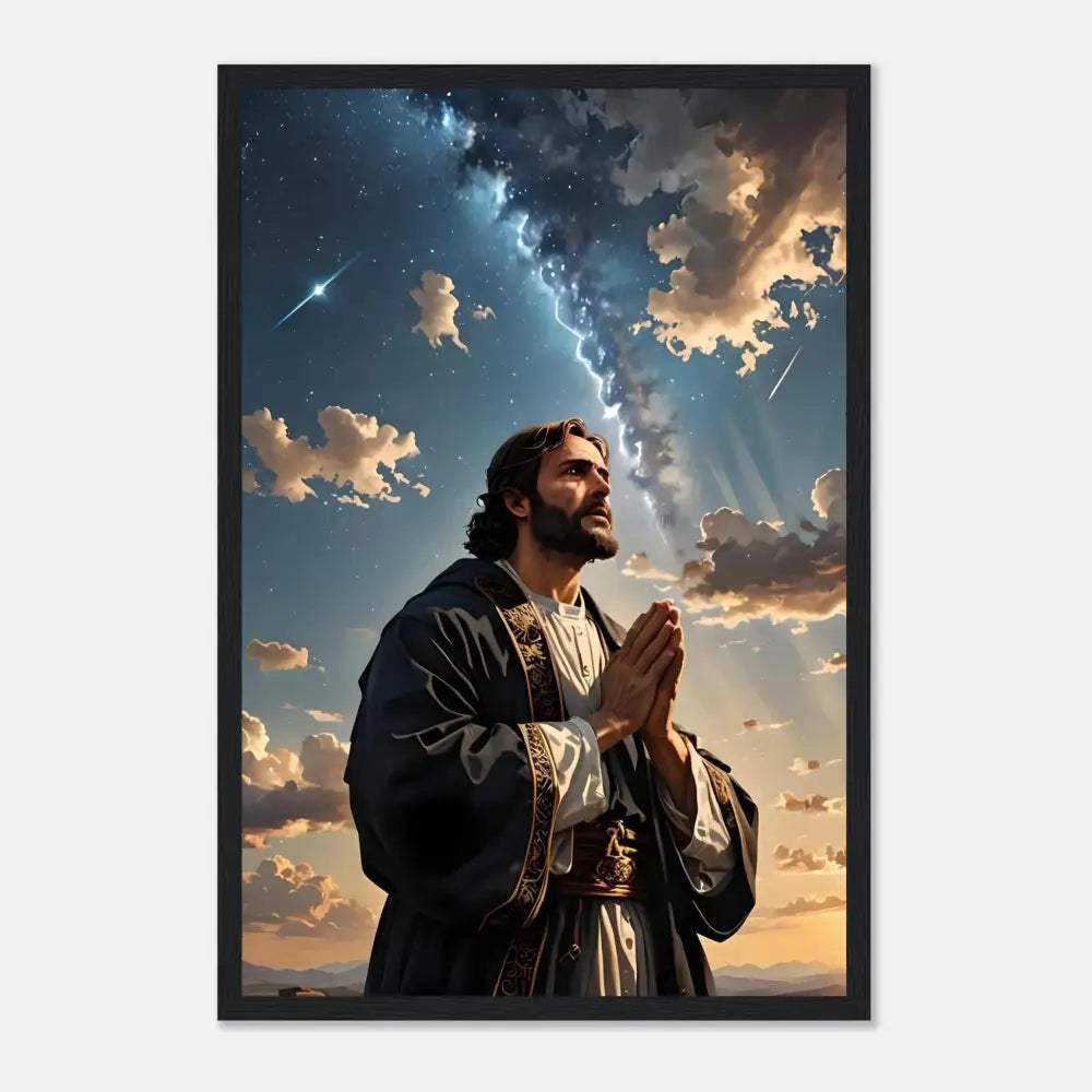Framed matte poster of Jesus praying titled Prayer to the Cosmos by PixiOnyx