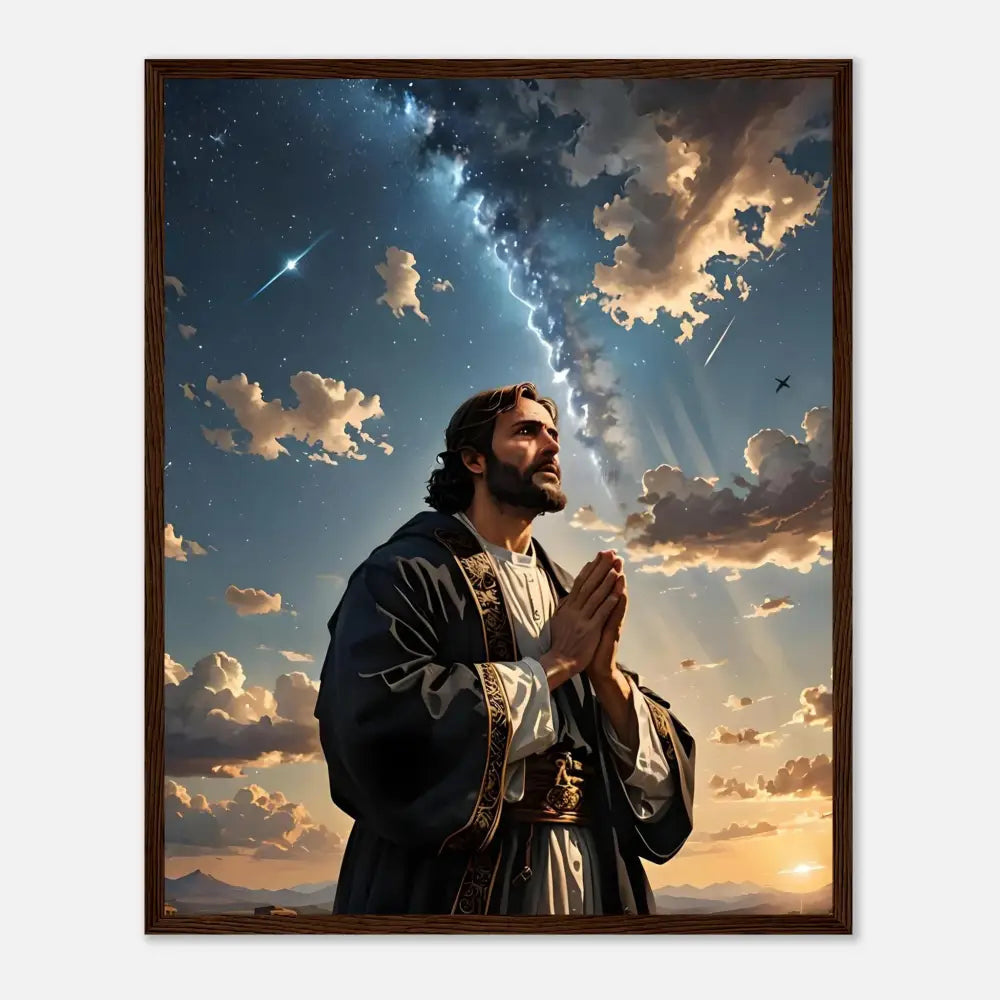 Framed matte poster of a praying man titled Prayer to the Cosmos by PixiOnyx