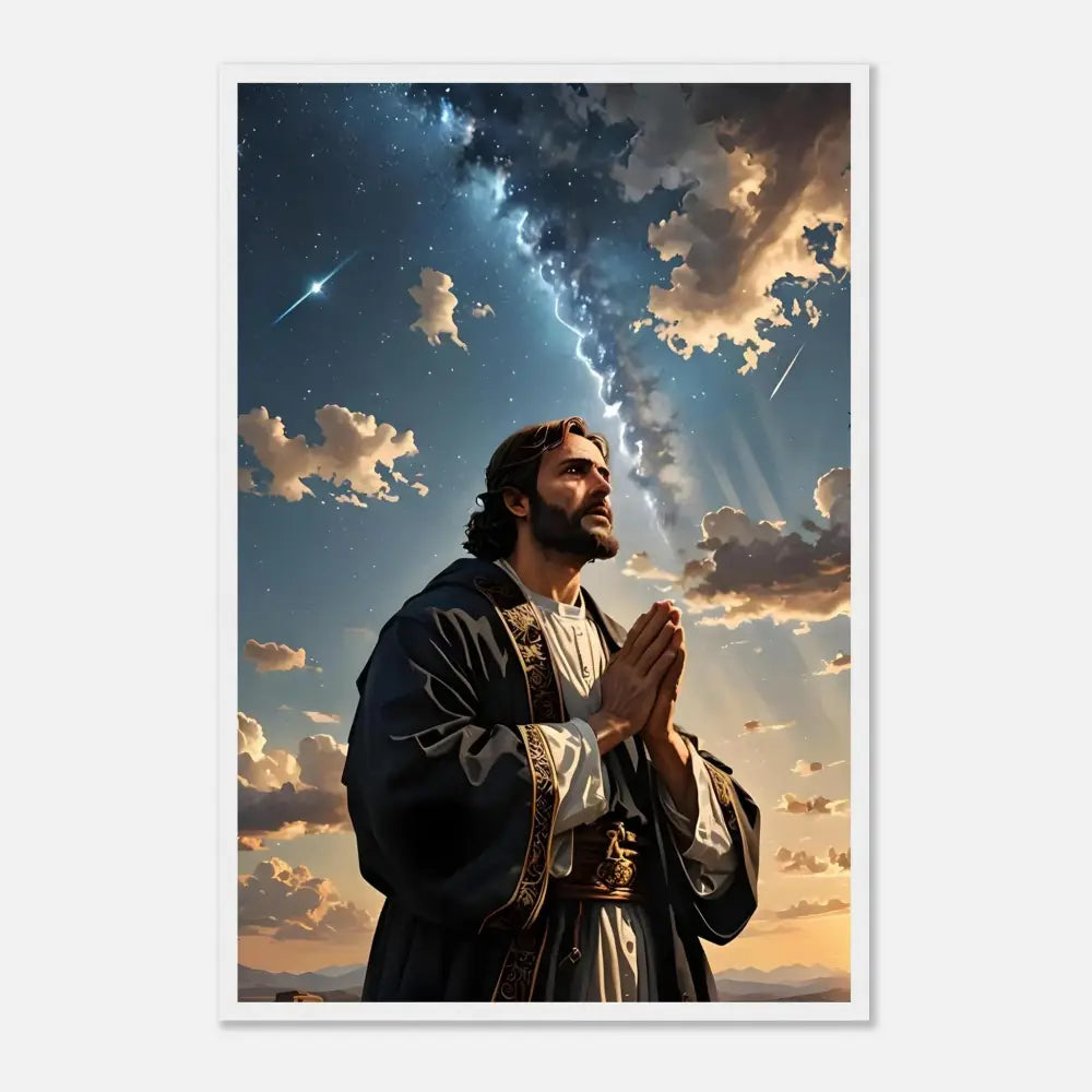 Man praying under a celestial sky framed matte poster by PixiOnyx