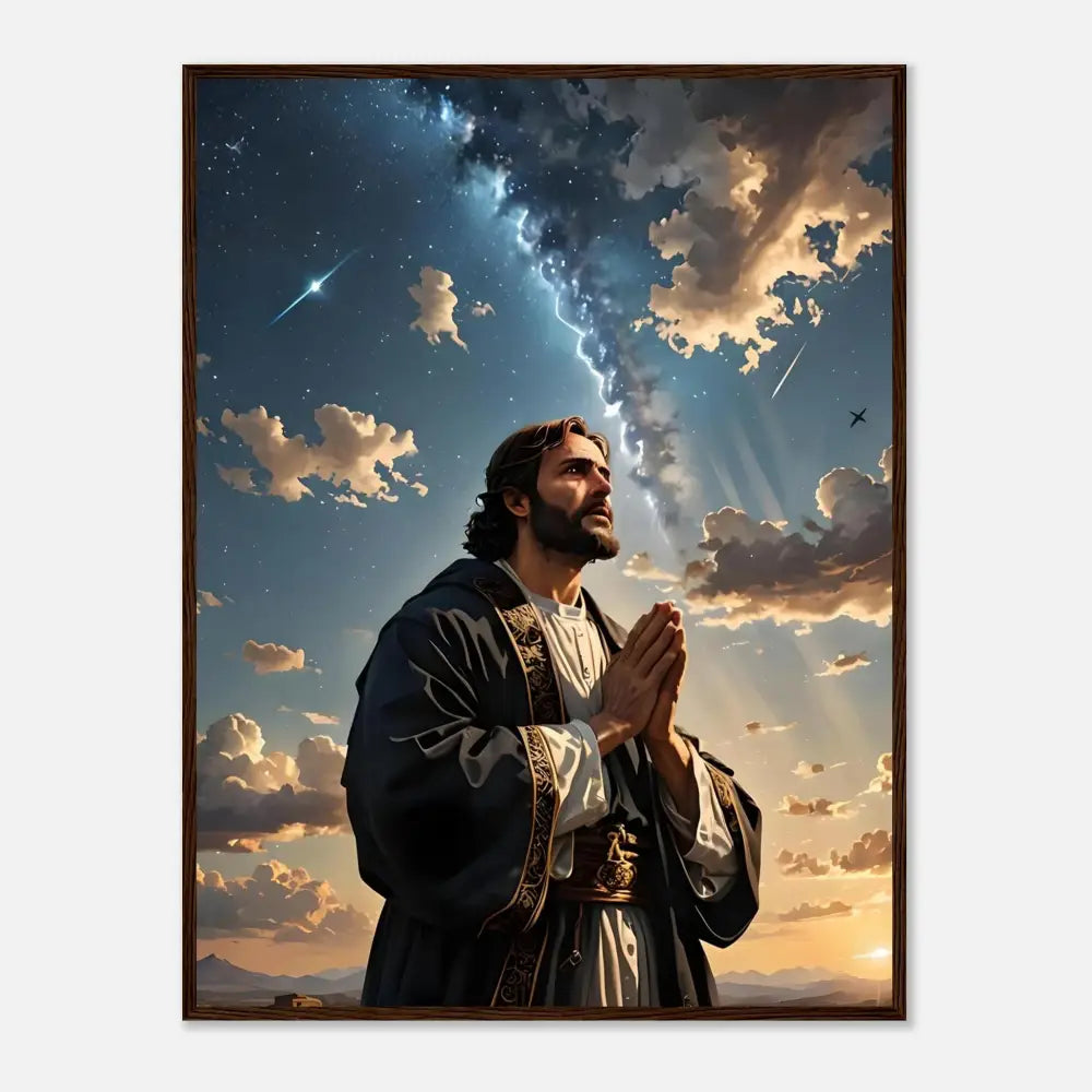 Framed religious portrait displayed on Framed Matte Poster Prayer to the Cosmos PixiOnyx