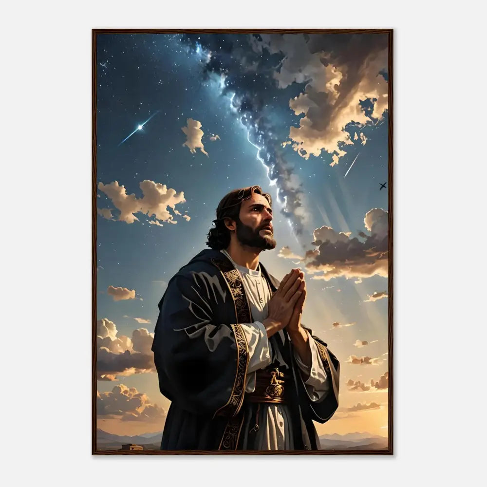Framed matte poster of a praying man called Prayer to the Cosmos by PixiOnyx