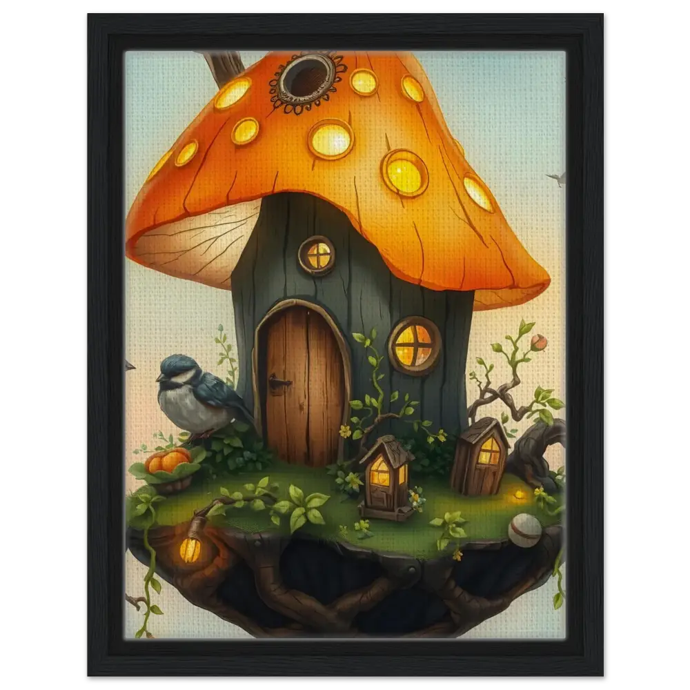 Whimsical mushroom house with a bird in a cozy sky nest framed canvas artwork