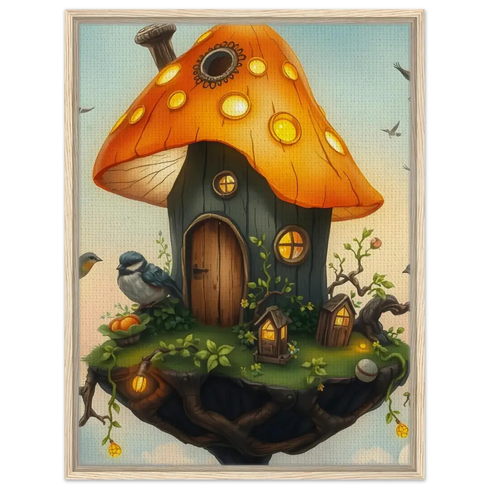 Whimsical mushroom house framed canvas art Cozy Nest in the Sky PixiOnyx Floating Frame
