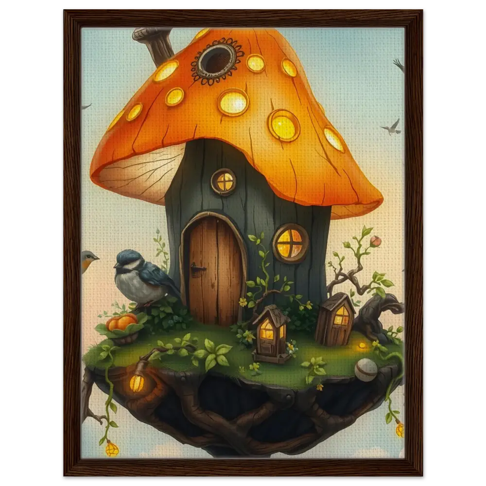 Whimsical mushroom house on a floating island in PixiOnyx Framed Mushroom Skyhouse Canvas
