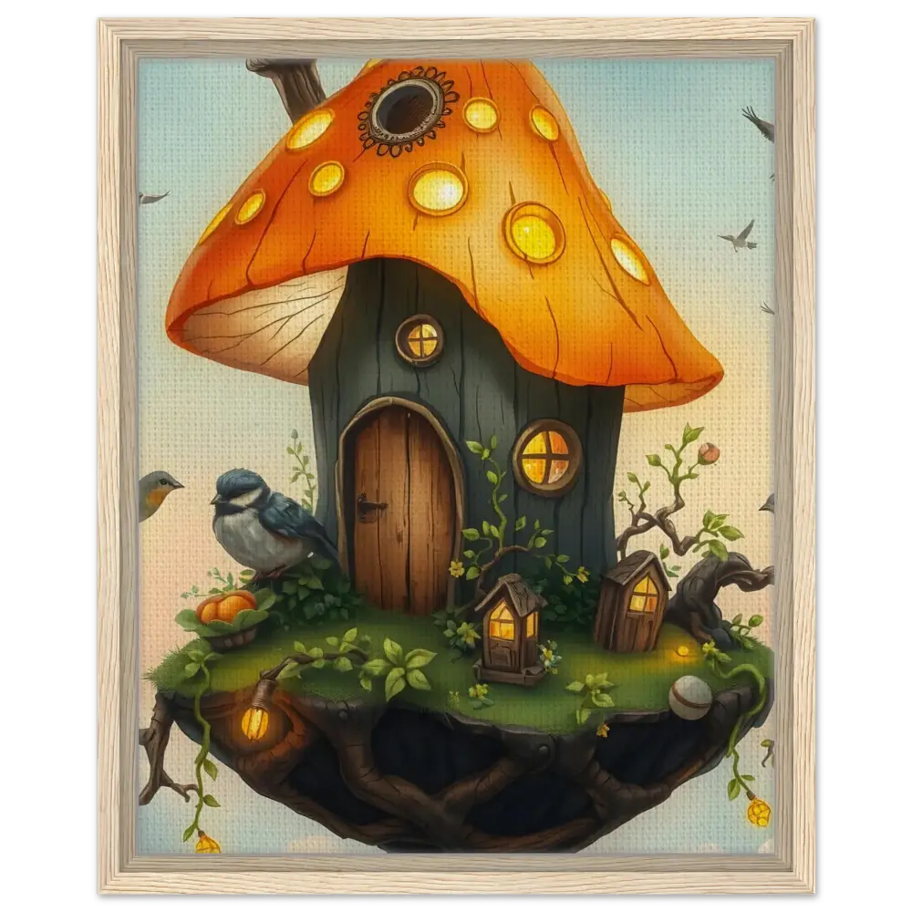 Whimsical mushroom house displayed in PixiOnyx Framed Mushroom Skyhouse Canvas artwork