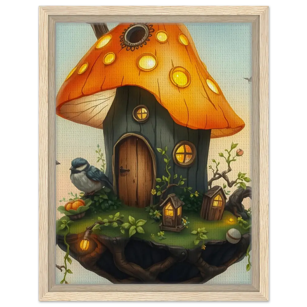 Whimsical mushroom house with a bird in a floating sky garden canvas artwork
