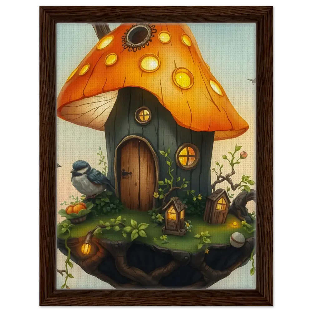 Whimsical mushroom house with a bird in a sky-themed PixiOnyx Floating Frame Art