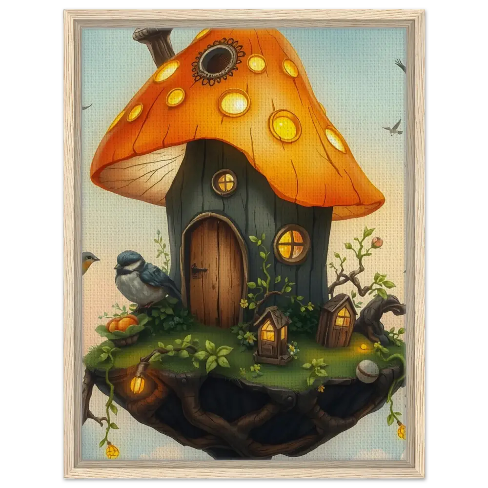 Whimsical mushroom house with glowing windows in PixiOnyx Framed Skyhouse Canvas art