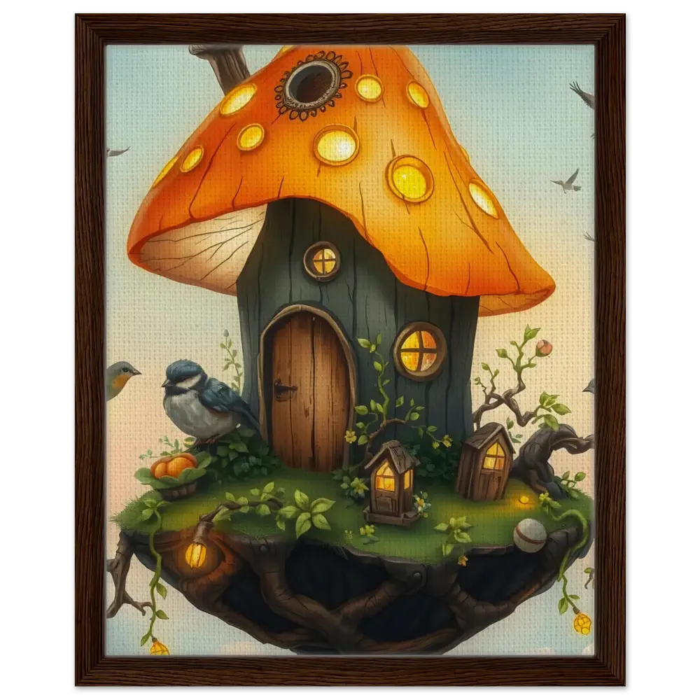 Whimsical mushroom house artwork in floating frame titled Framed Mushroom Skyhouse Canvas