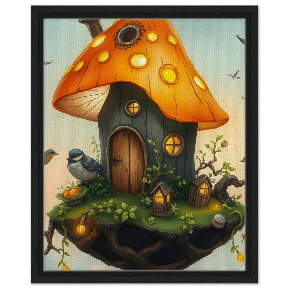 Whimsical mushroom house with glowing windows in PixiOnyx Floating Frame Art