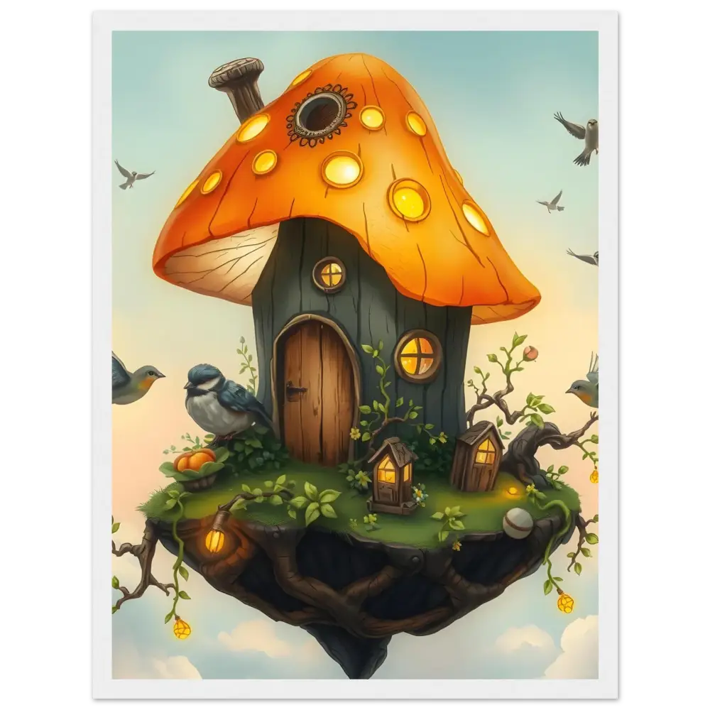 Whimsical mushroom house on floating island framed poster PixiOnyx Fantasy art