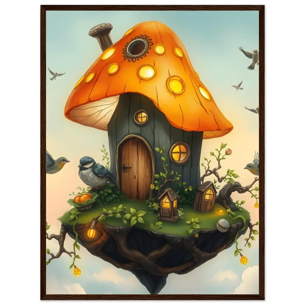 Whimsical mushroom house on a floating island in PixiOnyx Fantasy Framed Art Poster