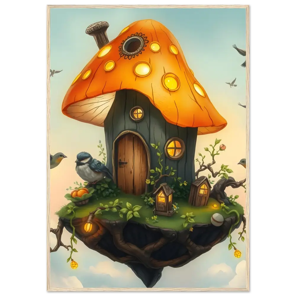 Whimsical mushroom house on floating island framed art poster Lantern Loft PixiOnyx Fantasy