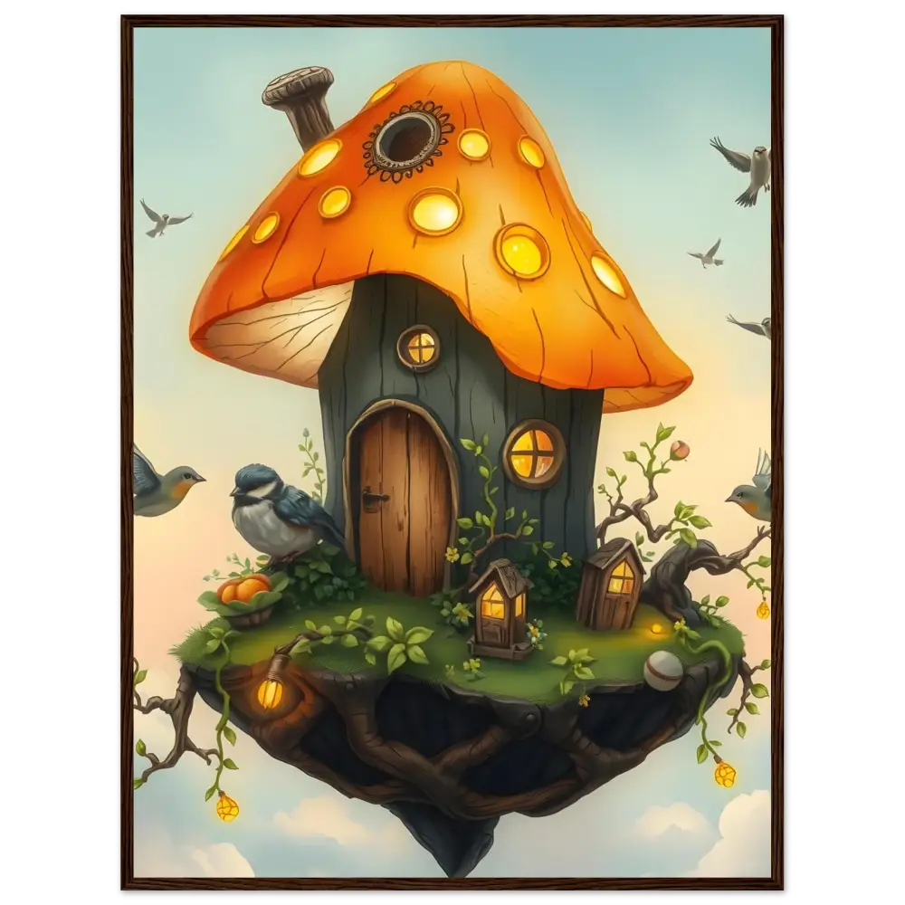 Whimsical mushroom house on floating island framed art poster Lantern Loft PixiOnyx Fantasy
