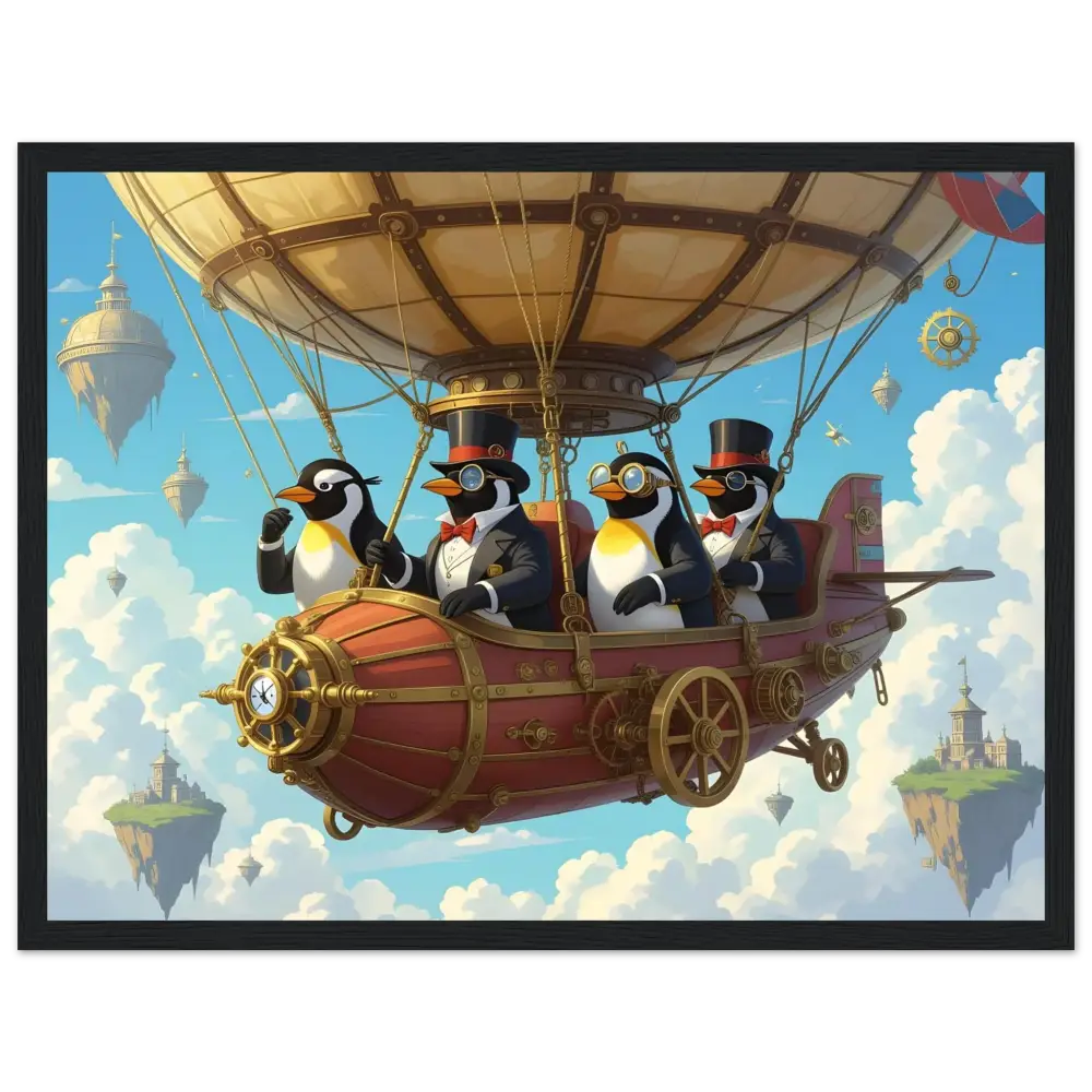 Steampunk penguin airship adventure Framed Penguin Zeppelin Society Print