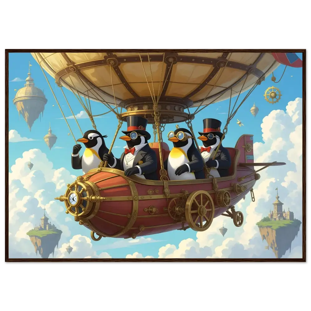 Steampunk penguin airship adventure artwork for Framed Penguin Zeppelin Society Print