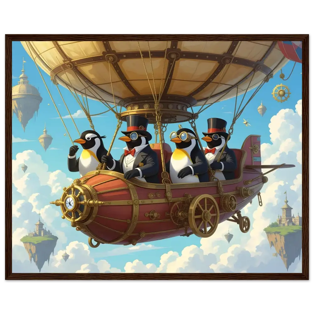 Steampunk penguin riding airship in a flight club setting on PixiOnyx matte poster