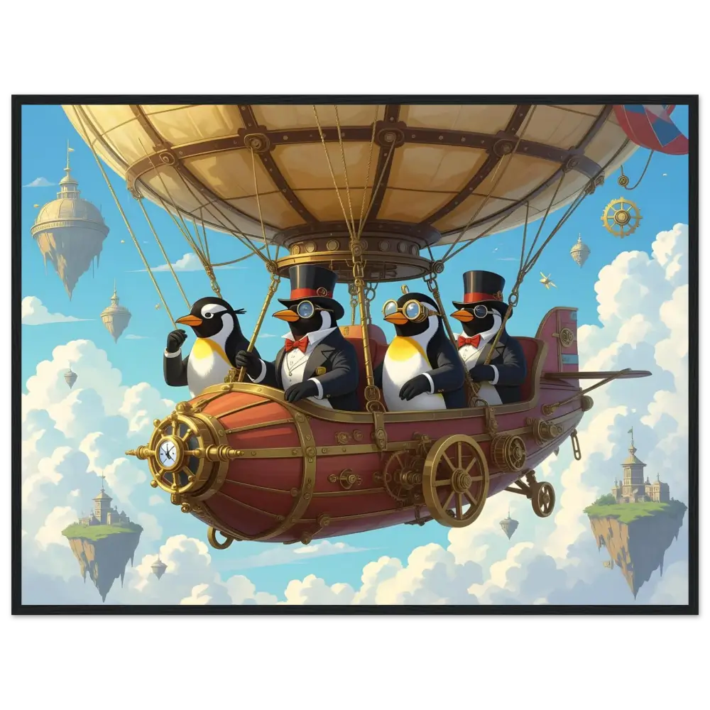 Steampunk airship with penguin passengers on PixiOnyx matte poster framed Penguin Zeppelin Society Print