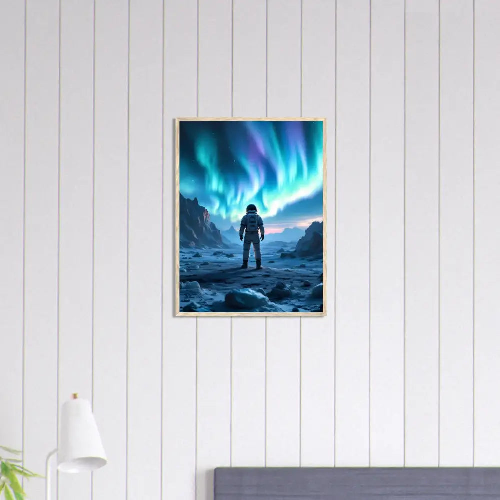 Framed astronaut under colorful aurora artwork for PixiOnyx Sci-Fi Wall Capsule