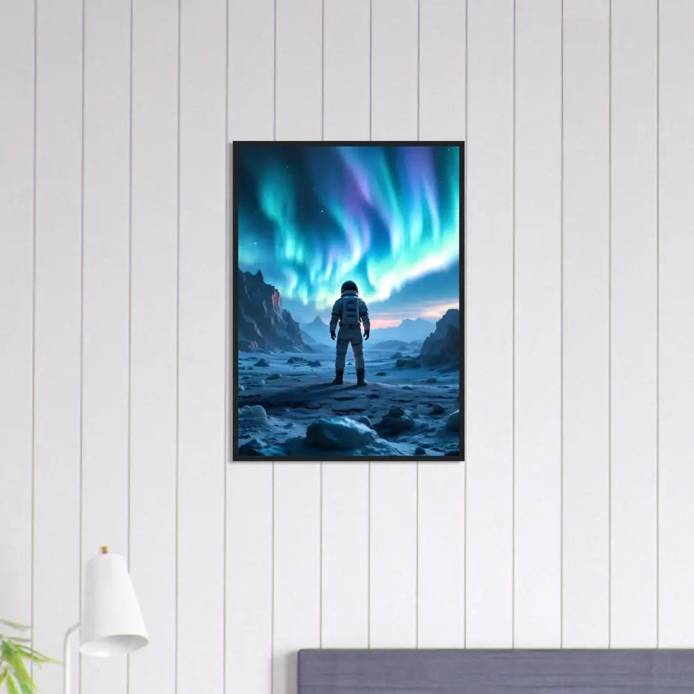 Framed astronaut under Aurora art Poster displayed in PixiOnyx Sci-Fi Wall Capsule