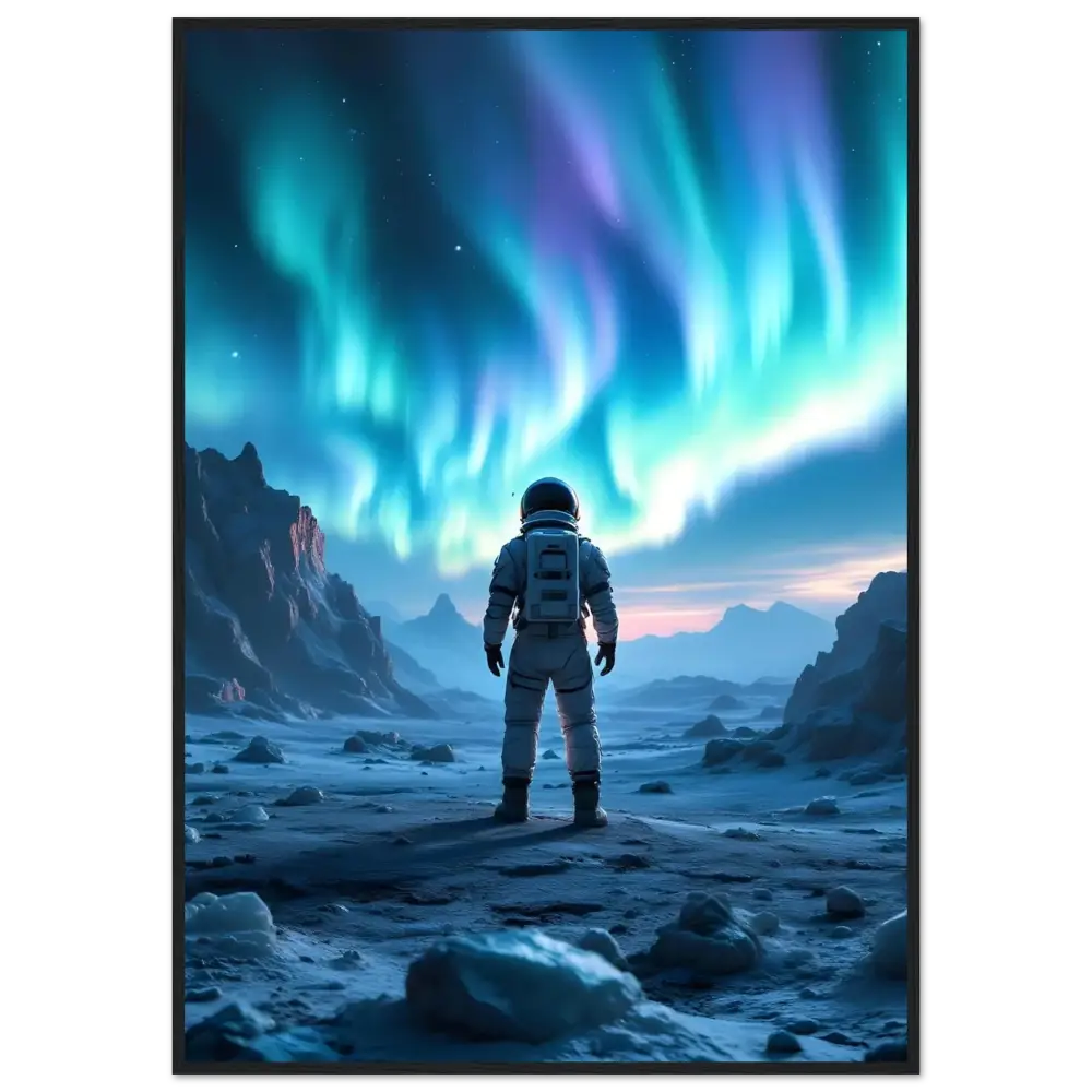 Astronaut gazing at Aurora Borealis in Framed Poster PixiOnyx Sci-Fi Wall Capsule
