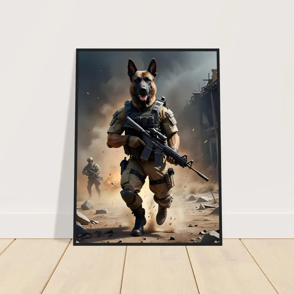 Framed dog soldier art poster titled Battlehound Vanguard from PixiOnyx Urban Command