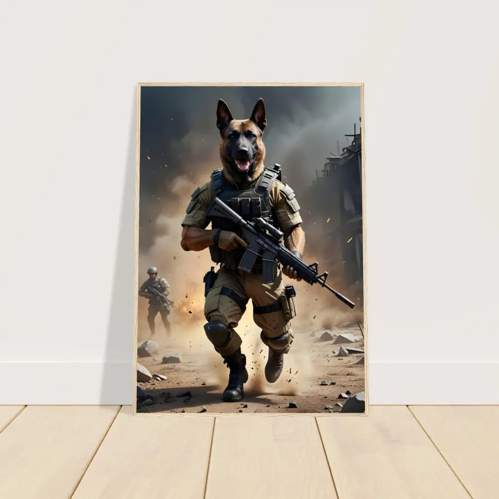 Framed dog soldier art poster from PixiOnyx Urban Command Battlehound Vanguard collection