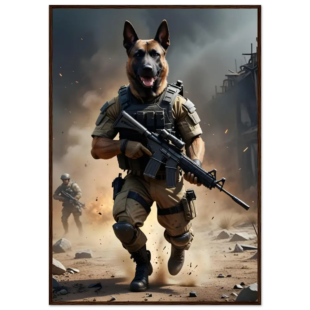 Anthropomorphic German Shepherd soldier in a framed poster titled Battlehound Vanguard on PixiOnyx Urban Command