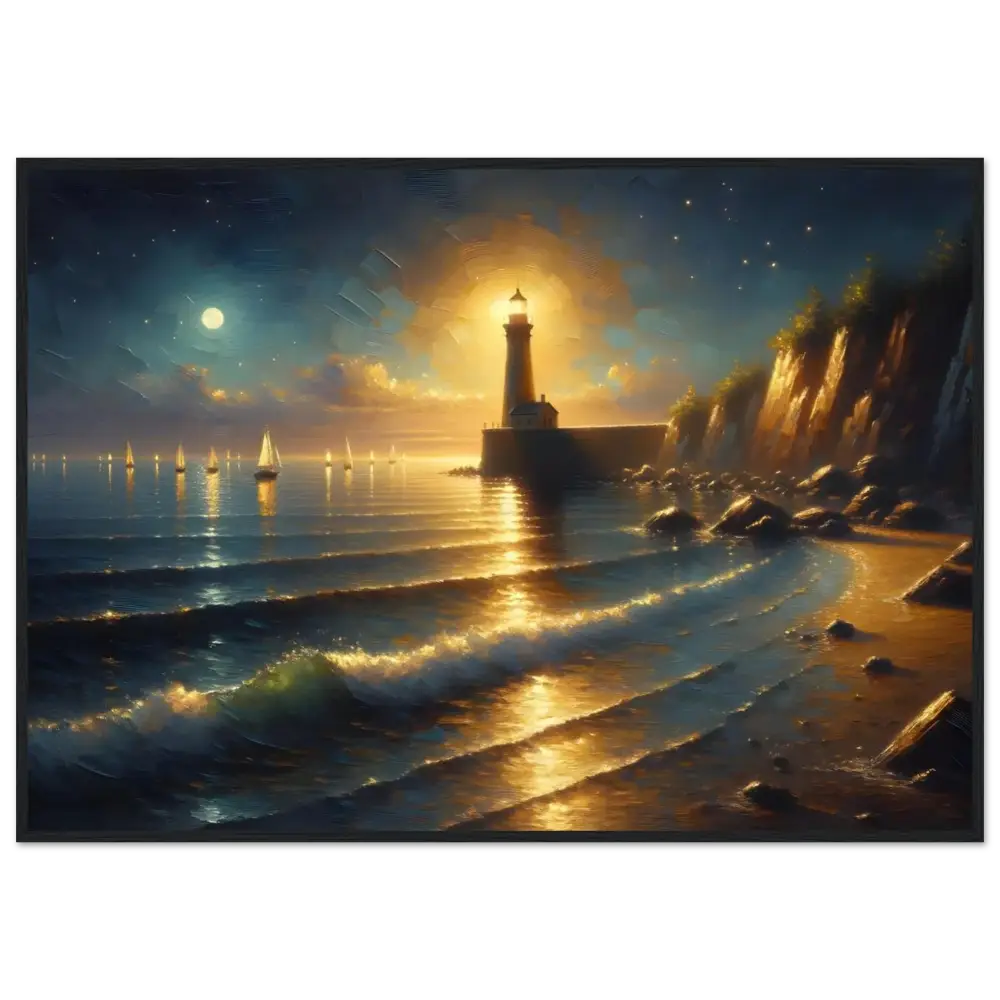 Illuminated coastal lighthouse depicted in framed poster Beacon of the Quiet Tide by PixiOnyx