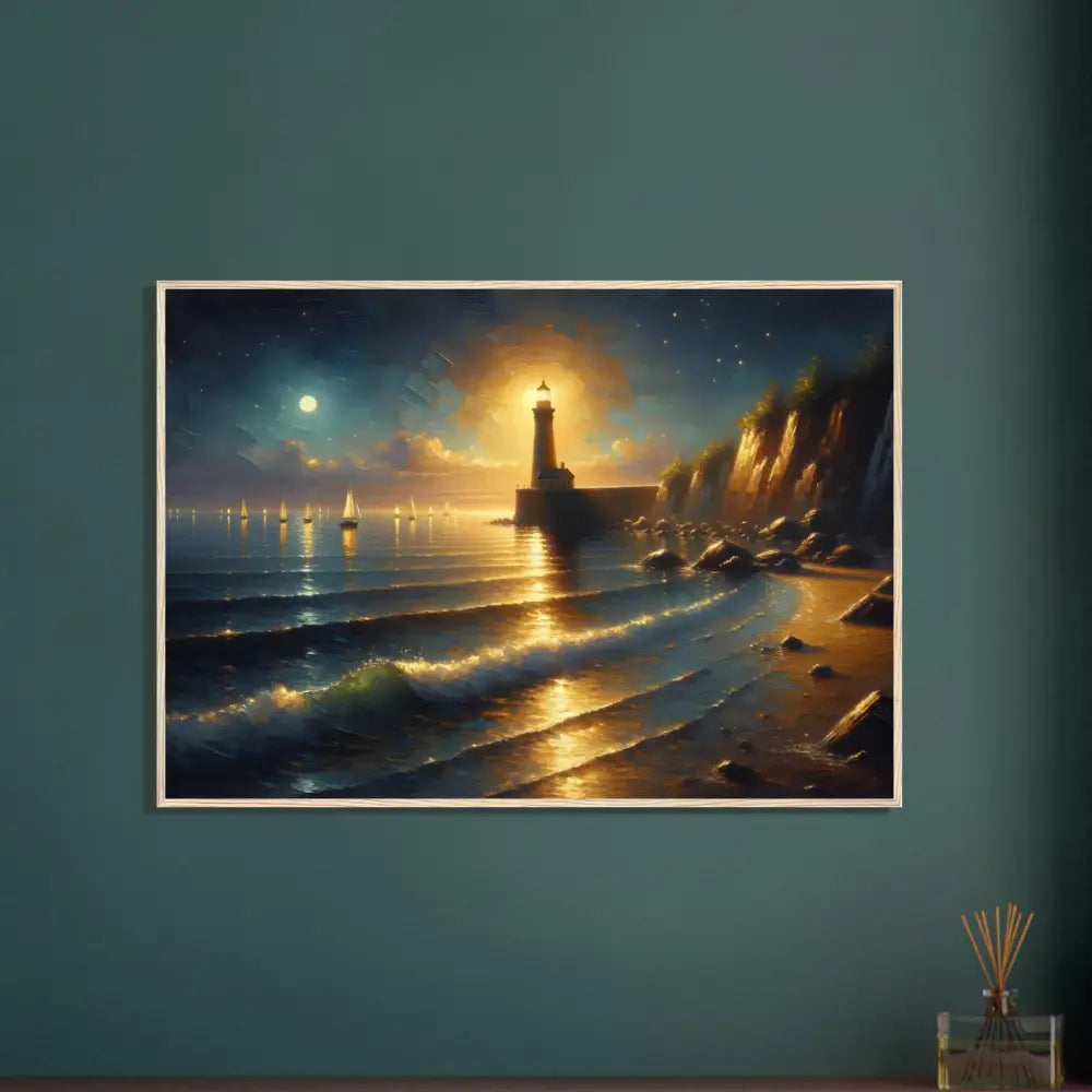 Framed lighthouse seascape painting displayed in PixiOnyx Painterly Seascape poster