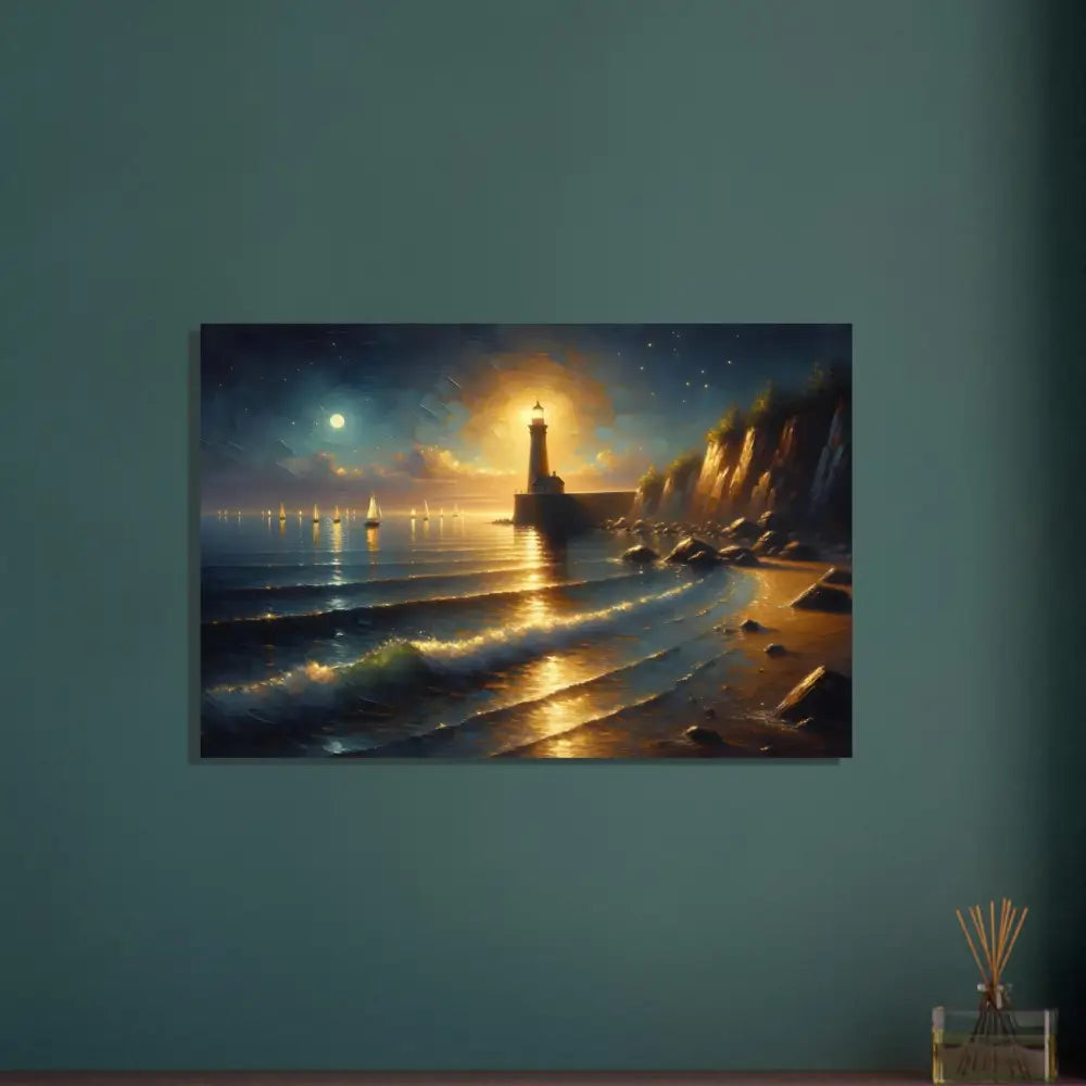 Lighthouse painting with moonlit ocean scene in Framed Poster Beacon of the Quiet Tide