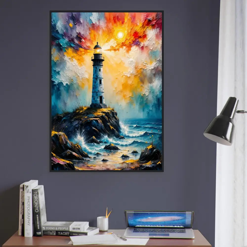 Vibrant colorful lighthouse painting on rocky coast framed in premium semi-hardwood frame