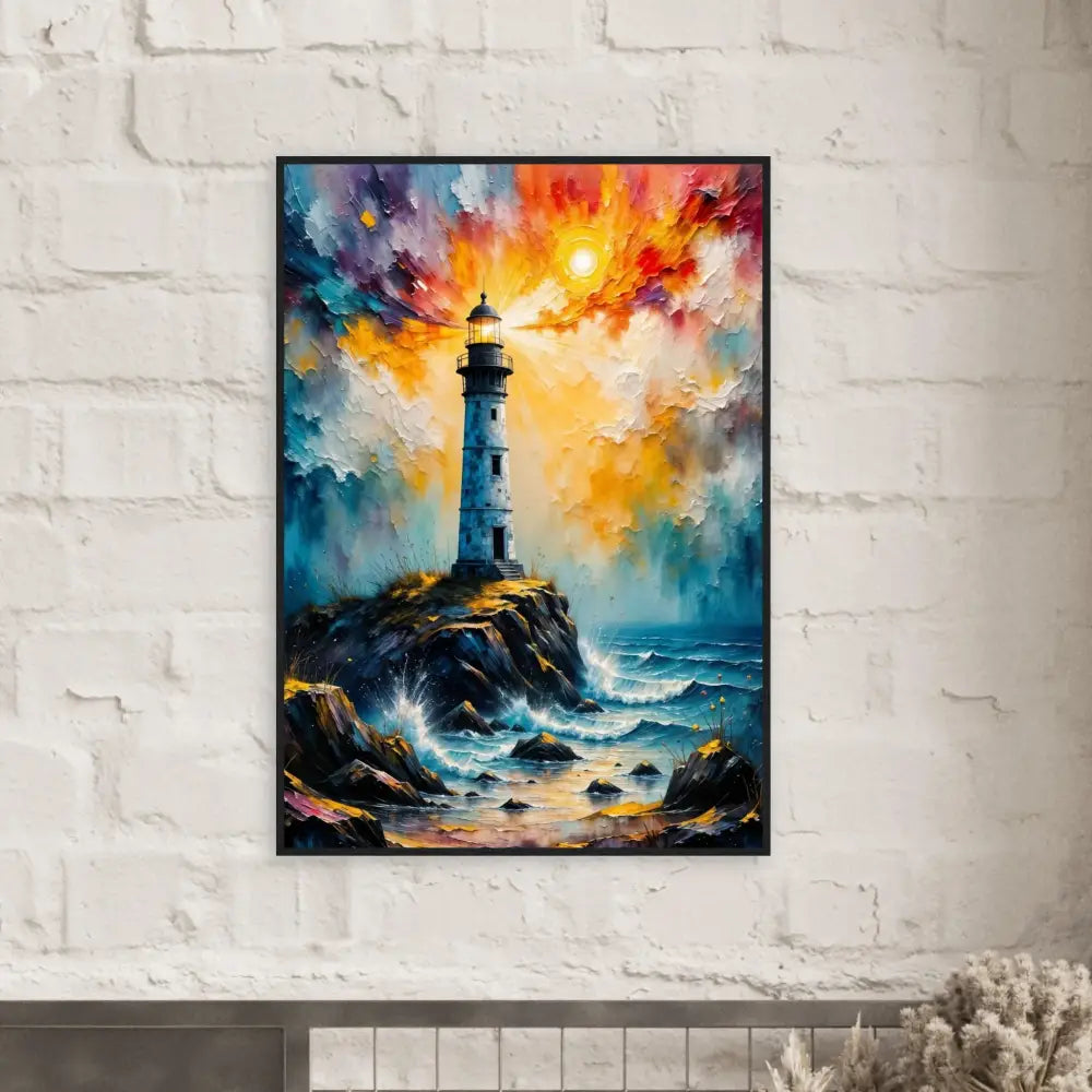 Vibrant lighthouse painting on museum-quality matte paper in a premium semi-hardwood frame